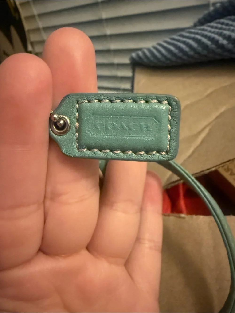 Coach Khaki Signature Canvas Wristlet with Teal Center Stripe